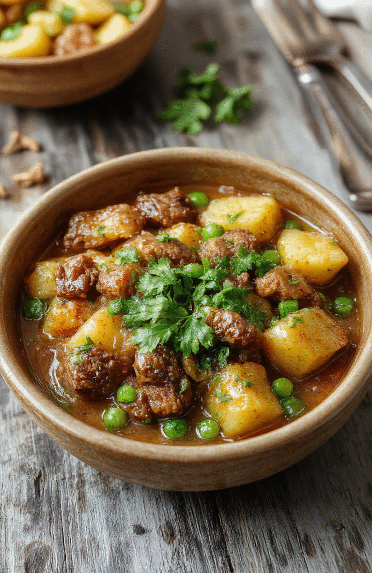 Close-up of Savory Aloo Keema in a skillet: golden potatoes mingle with juicy ground beef, bright green peas, and caramelized onions, topped with chopped cilantro. The dish is plated in a warm ceramic dish on a rustic wooden table, with soft natural light highlighting the rich spices and textures, steam rising suggesting a hot, comforting one-pan dinner.