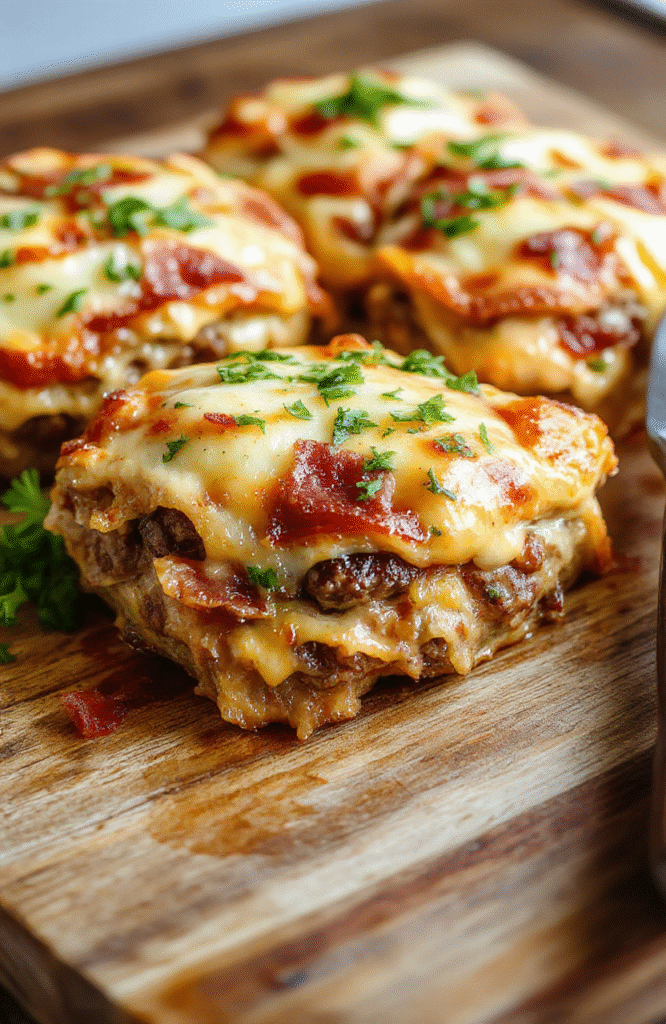 A golden-brown Savory Bacon Cheeseburger Pie resting on a wooden cutting board, revealing a juicy beef filling and melted cheddar with crispy bacon edges, garnished with chopped chives; slices are arranged beside a small bowl of sauce, with a rustic, homey vibe.