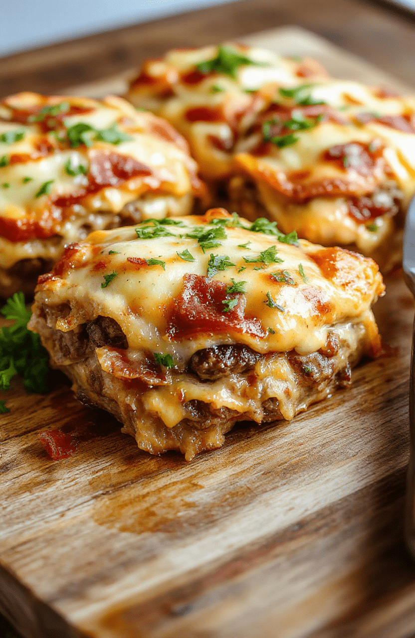 A golden-brown Savory Bacon Cheeseburger Pie resting on a wooden cutting board, revealing a juicy beef filling and melted cheddar with crispy bacon edges, garnished with chopped chives; slices are arranged beside a small bowl of sauce, with a rustic, homey vibe.