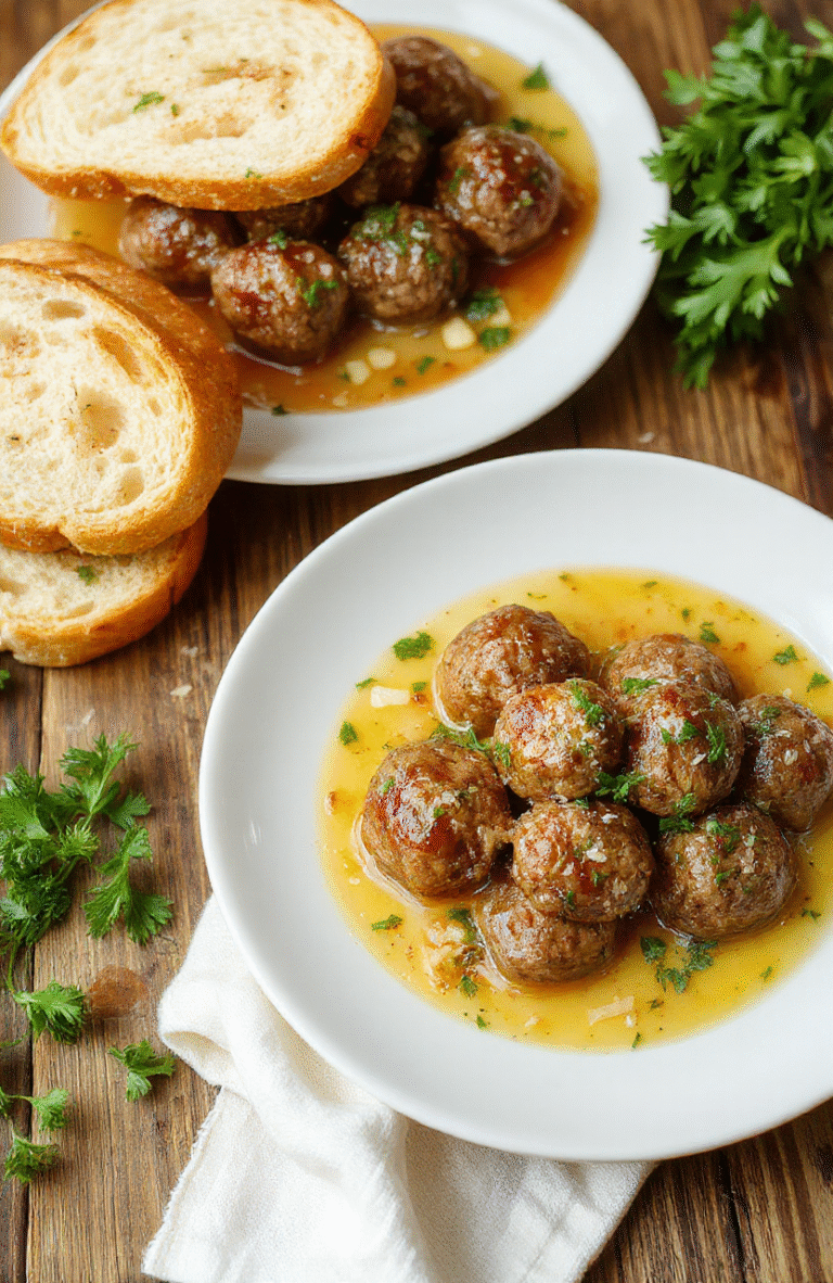 Golden brown savory garlic butter meatballs plated on a white dish, glossy garlic butter glaze, sprinkled with chopped parsley, accompanied by a wedge of bread and a light Parmesan shaving. The dish sits on a rustic wooden table with warm lighting highlighting the juicy texture and tender interior.