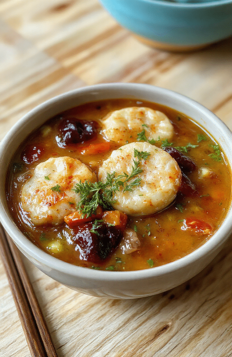 A steaming bowl of savory potsticker soup sits in a white ceramic bowl, surrounded by fresh greens and sliced mushrooms on a light wood table. Tender dumplings peek through a glossy, aromatic broth flecked with sesame oil, scallions, and chili oil. The bowl is garnished with green onions and sesame seeds, with a side of chopsticks and a drizzle of soy glaze to enhance the cozy, comforting vibe.