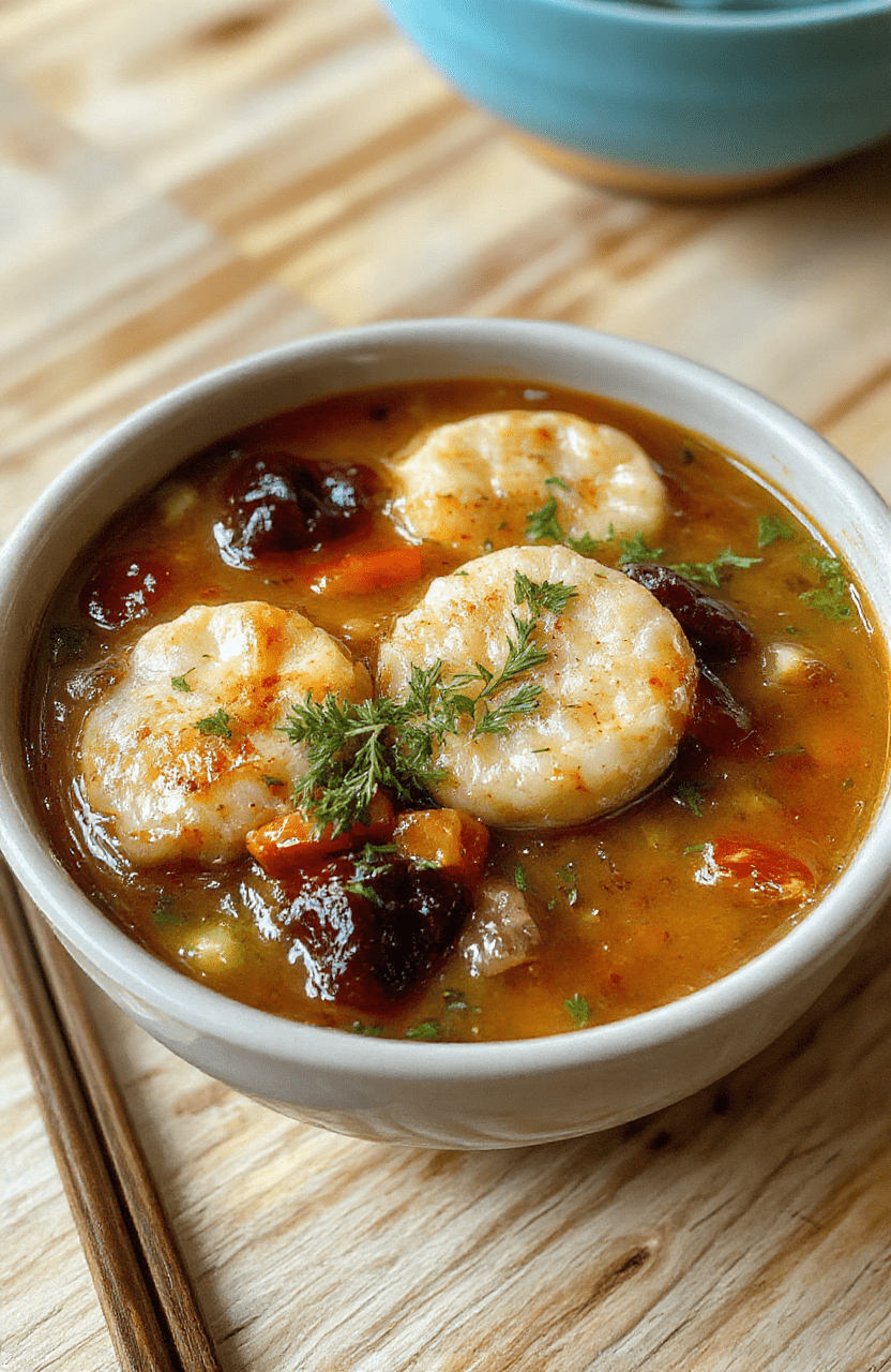 A steaming bowl of savory potsticker soup sits in a white ceramic bowl, surrounded by fresh greens and sliced mushrooms on a light wood table. Tender dumplings peek through a glossy, aromatic broth flecked with sesame oil, scallions, and chili oil. The bowl is garnished with green onions and sesame seeds, with a side of chopsticks and a drizzle of soy glaze to enhance the cozy, comforting vibe.