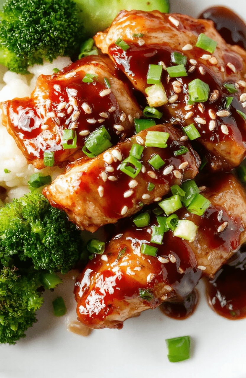 A glossy teriyaki chicken thigh sits on a white plate, glazed with a deep caramelized sauce, sesame seeds sprinkled on top, with sliced scallions. A mound of fluffy white rice and bright steamed broccoli flank the chicken on a light wooden table, bathed in natural daylight.