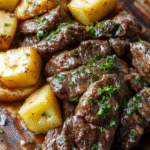 A bowl of tender garlic butter beef with potato chunks, glossy brown sauce, and fresh parsley, served on a rustic wooden board. The beef is seared at the edges with a rich, buttery glaze, surrounding baby potatoes with fluffy interiors. The scene is warm and cozy, with steam hints and natural textures from the pan and herbs.