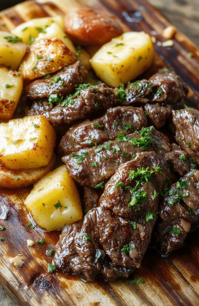 A bowl of tender garlic butter beef with potato chunks, glossy brown sauce, and fresh parsley, served on a rustic wooden board. The beef is seared at the edges with a rich, buttery glaze, surrounding baby potatoes with fluffy interiors. The scene is warm and cozy, with steam hints and natural textures from the pan and herbs.