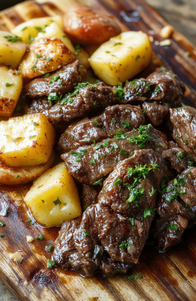A bowl of tender garlic butter beef with potato chunks, glossy brown sauce, and fresh parsley, served on a rustic wooden board. The beef is seared at the edges with a rich, buttery glaze, surrounding baby potatoes with fluffy interiors. The scene is warm and cozy, with steam hints and natural textures from the pan and herbs.