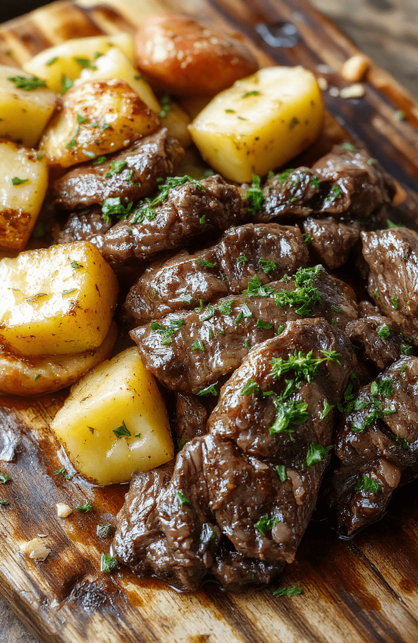 A bowl of tender garlic butter beef with potato chunks, glossy brown sauce, and fresh parsley, served on a rustic wooden board. The beef is seared at the edges with a rich, buttery glaze, surrounding baby potatoes with fluffy interiors. The scene is warm and cozy, with steam hints and natural textures from the pan and herbs.