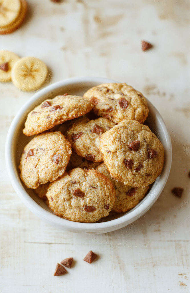 A batch of soft banana bread cookies on a light wooden board, with a stack of cookies showing golden edges and a moist center, a ripe banana and a bowl of batter in the background, a light dusting of sugar, and a rustic crumb-strewn surface, warm natural light, cozy kitchen vibe.