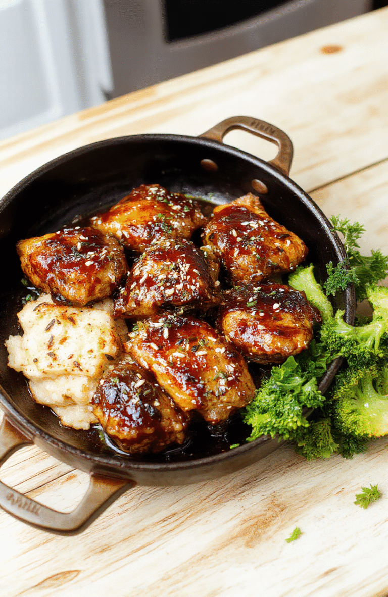A glossy skillet of sticky honey garlic chicken rests on a wooden table, with steam rising. The chicken bites are caramelized, coated in amber glaze, sprinkled with sesame seeds and sliced green onions. A side of fluffy white rice and bright broccoli provide color contrast and balance.