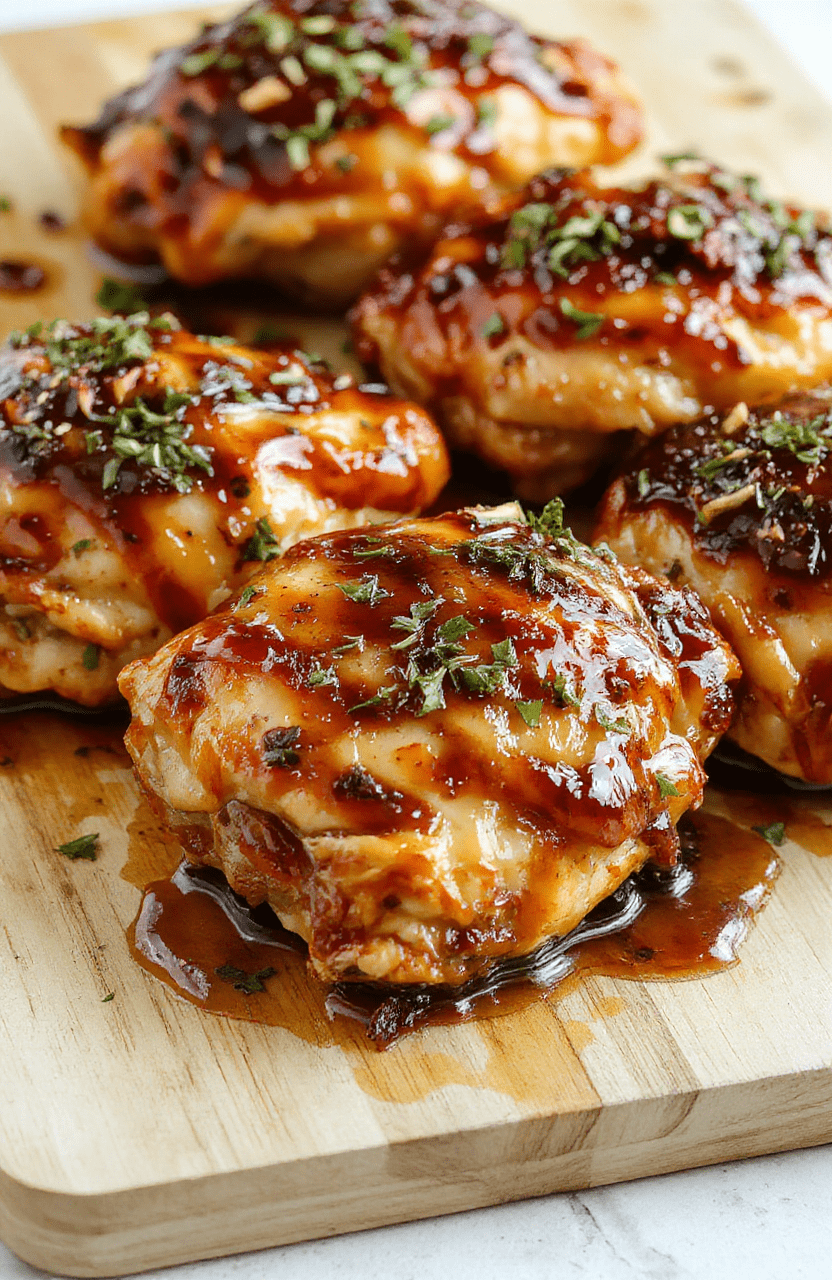 Glossy, caramelized honey garlic glaze coats tender chicken thighs arranged neatly on a white plate. The rich brown sauce pools around the meat, dotted with sesame seeds and chopped scallions. A side of fluffy rice and bright green broccoli adds color, while a rustic wooden table and warm lighting create a comforting, homey vibe.