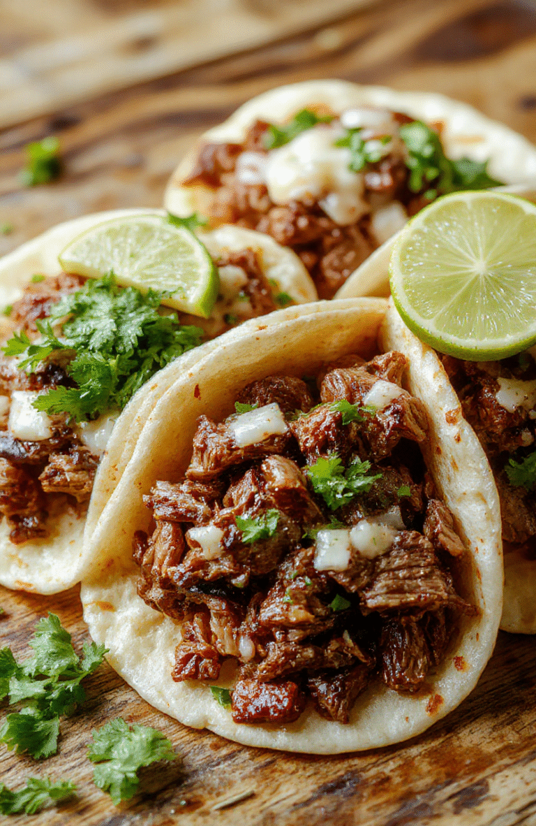 A close-up of tender chuck roast tacos stacked on a rustic wooden board. Bright lime wedges, chopped cilantro, onions, and melted cheese garnish soft corn tortillas. The beef is juicy and shred-ready, with a rich braise sauce clinging to every strand, set on a warm, speckled table with a rustic vibe.