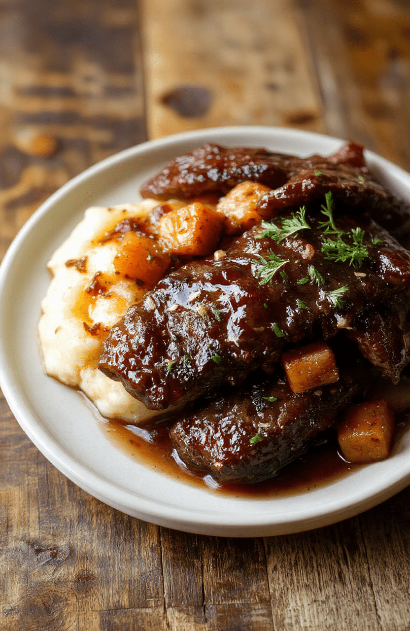 A plate of tender slow cooker short ribs glazed in a rich brown sauce, garnished with chopped parsley, served beside creamy mashed potatoes and roasted carrots on a rustic wooden table; the meat is fall-apart tender with a glossy, savory glaze.