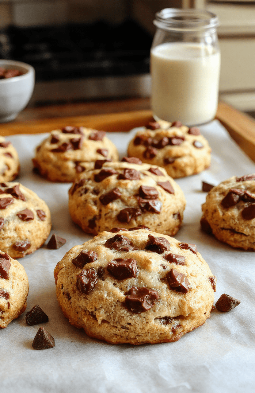 A thick levain-style chocolate chip cookie with a crackled, golden-brown top and a chewy, gooey center, studded with melted chocolate chips, resting on a light wooden board with a glass of milk and a pinch of flaky salt.