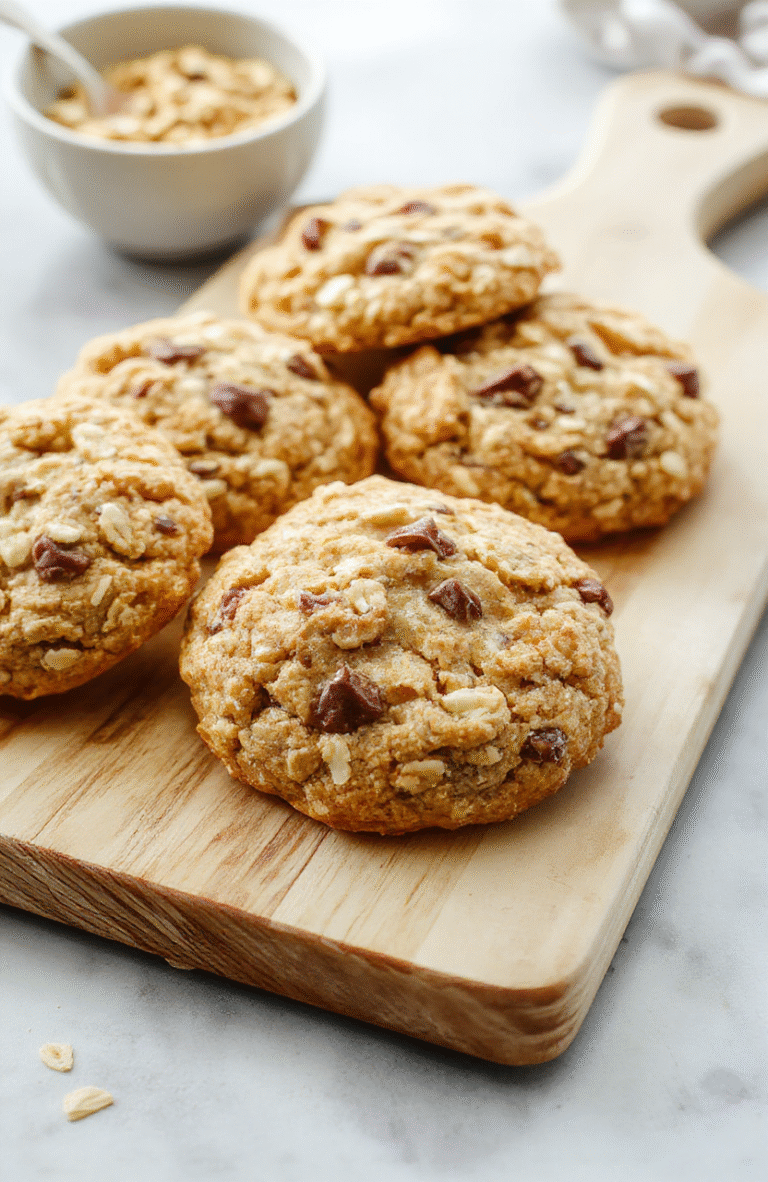 Golden-brown three-ingredient banana oatmeal cookies cooling on a light wooden board, oats speckled through each cookie, a sliced ripe banana and a small bowl of oats in the background, with a warm cinnamon hue and a clean white plate for contrast.