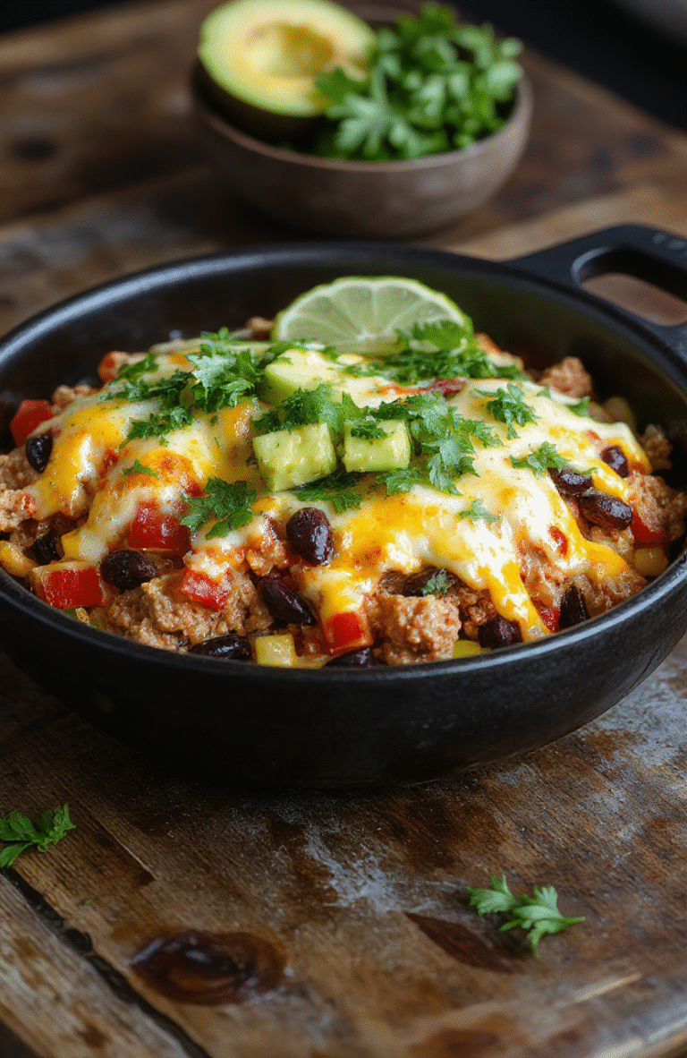 A vibrant turkey taco skillet on a warm skillet, featuring golden-brown ground turkey with red and green peppers, onions, black beans, and corn, topped with melted cheese, fresh cilantro, avocado slices, and lime wedges. Bright pico de gallo adds color, with a rustic wooden surface and natural light creating a welcoming, homey look.
