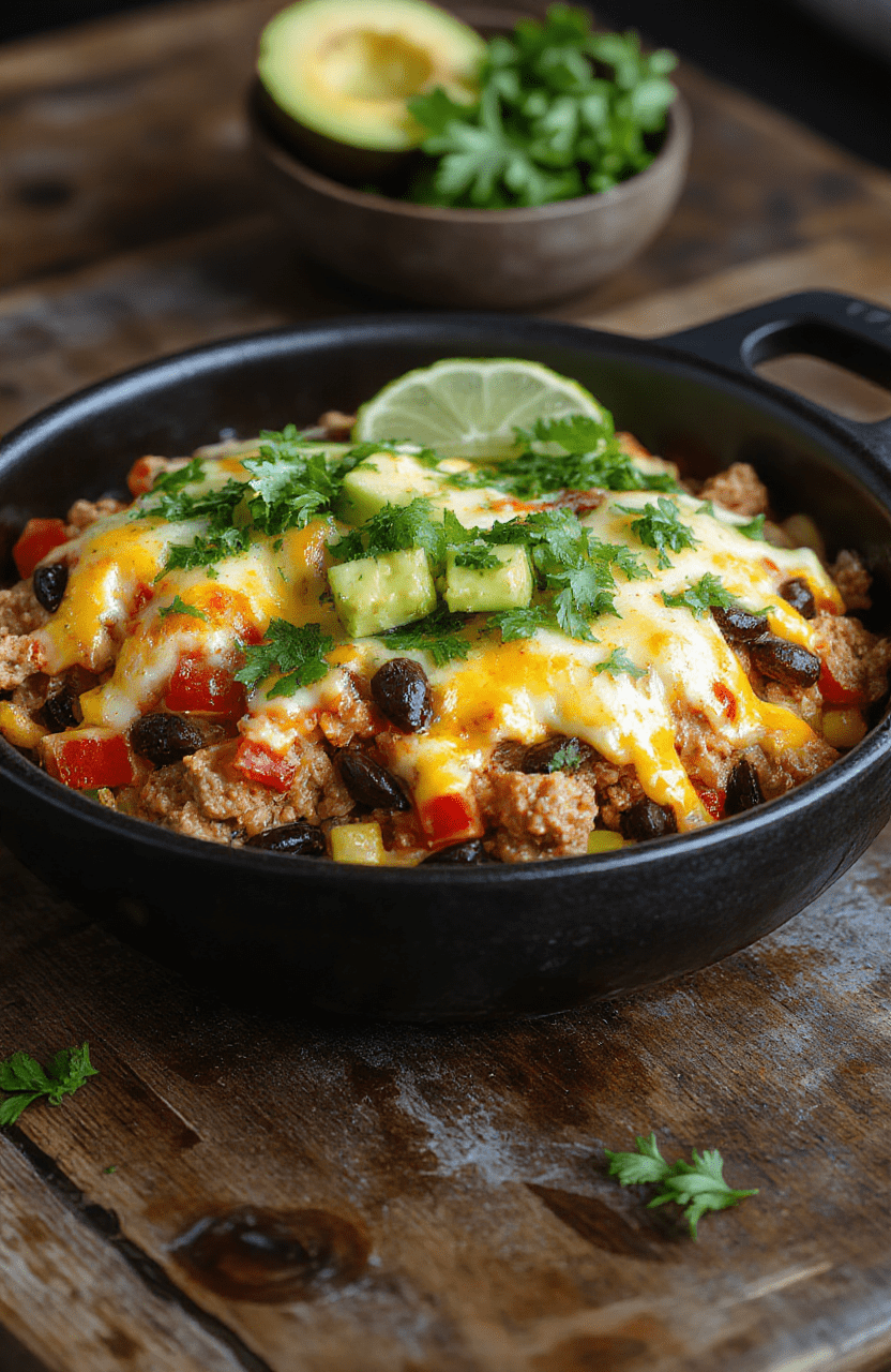 A vibrant turkey taco skillet on a warm skillet, featuring golden-brown ground turkey with red and green peppers, onions, black beans, and corn, topped with melted cheese, fresh cilantro, avocado slices, and lime wedges. Bright pico de gallo adds color, with a rustic wooden surface and natural light creating a welcoming, homey look.