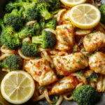 A close-up of a glossy skillet of Zesty Garlic Chicken Broccoli Noodles. Tender sliced chicken, vibrant broccoli florets, and al dente noodles coated in a lemon-garlic sauce, finished with a light olive oil sheen and a sprinkle of parsley.