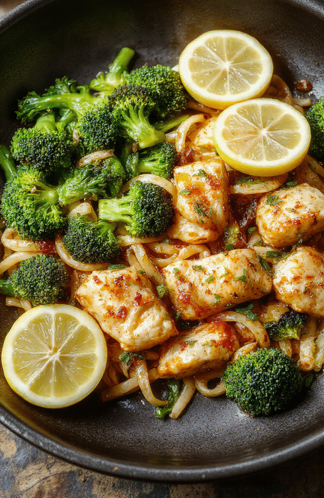 A close-up of a glossy skillet of Zesty Garlic Chicken Broccoli Noodles. Tender sliced chicken, vibrant broccoli florets, and al dente noodles coated in a lemon-garlic sauce, finished with a light olive oil sheen and a sprinkle of parsley.