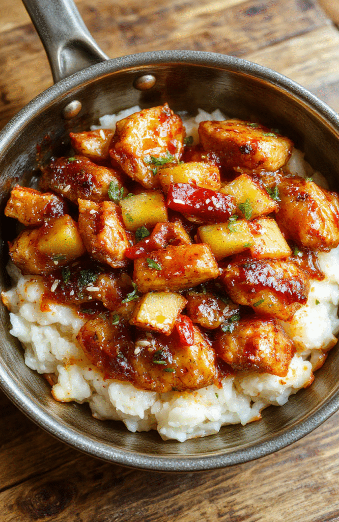 Golden-brown chicken glazed with a sticky pineapple sauce, with caramelized pineapple chunks, red bell pepper slices, and sesame seeds over fluffy white rice. Plate sits on a rustic wooden table, bright natural light highlighting the glossy sauce and vibrant colors.