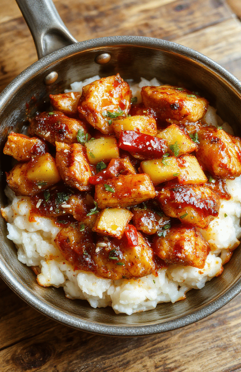 Golden-brown chicken glazed with a sticky pineapple sauce, with caramelized pineapple chunks, red bell pepper slices, and sesame seeds over fluffy white rice. Plate sits on a rustic wooden table, bright natural light highlighting the glossy sauce and vibrant colors.