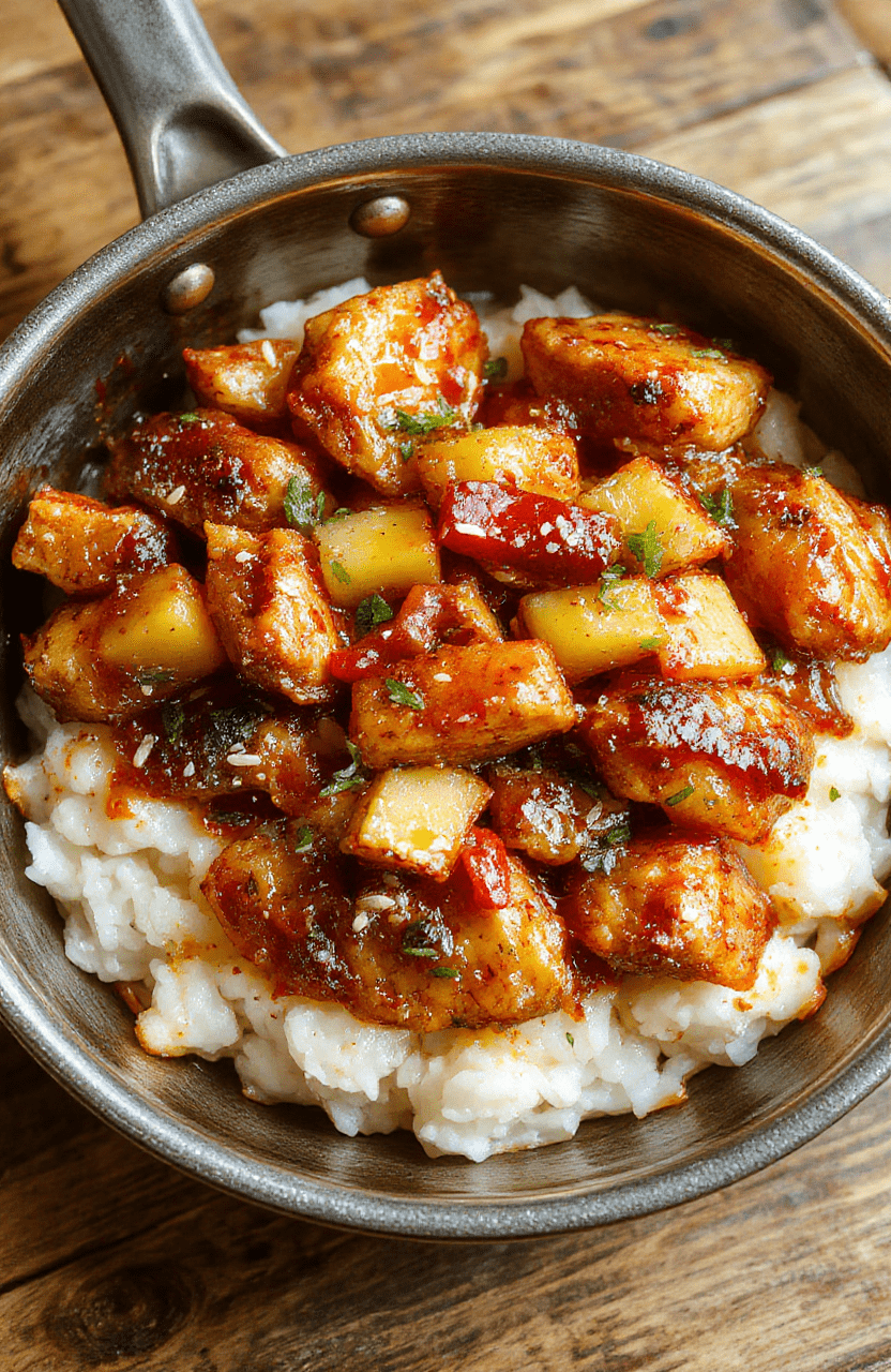 Golden-brown chicken glazed with a sticky pineapple sauce, with caramelized pineapple chunks, red bell pepper slices, and sesame seeds over fluffy white rice. Plate sits on a rustic wooden table, bright natural light highlighting the glossy sauce and vibrant colors.